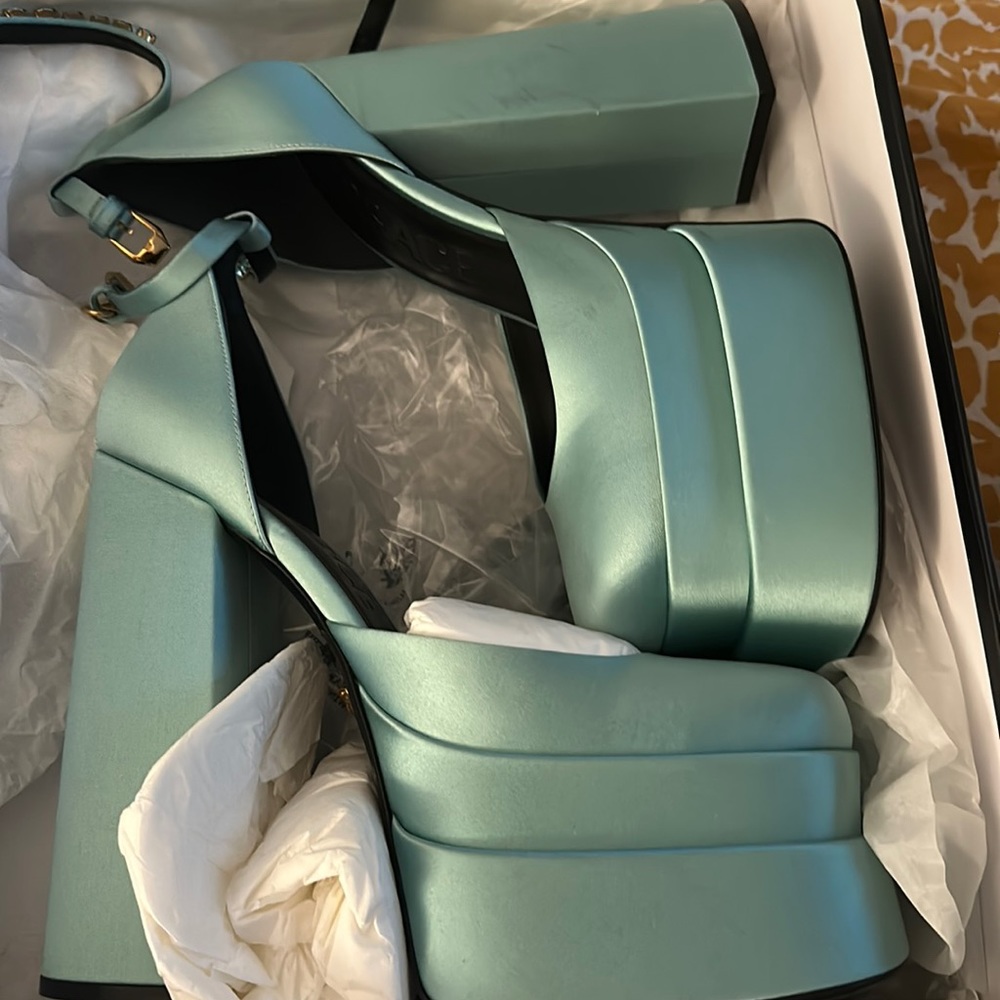 Versace Forget Me Not Light Blue,Satin Platform Pumps